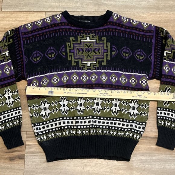 Men’s Todays News Sweater SZ Medium Vintage Purple Black Green Knit - Picture 3 of 9